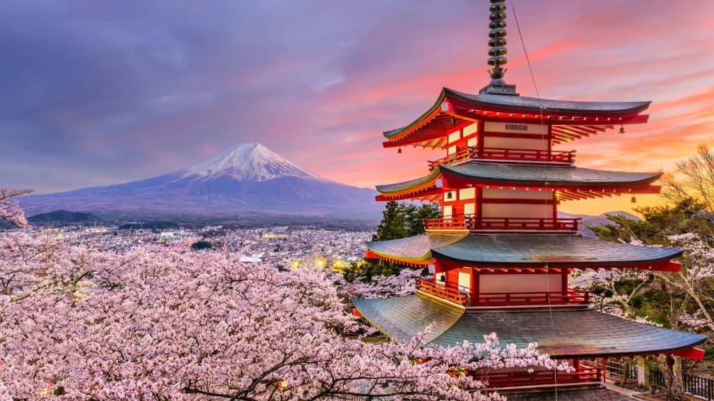 Chureito Pagoda and cherry blossoms at sunrise